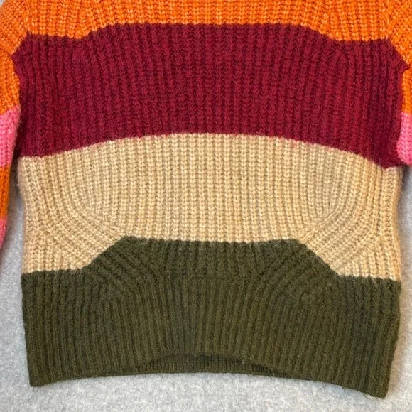 GB Women's XS Knit Sweater Striped Acrylic Wool Blend Orange Burgundy Tan Short - Picture 2 of 7